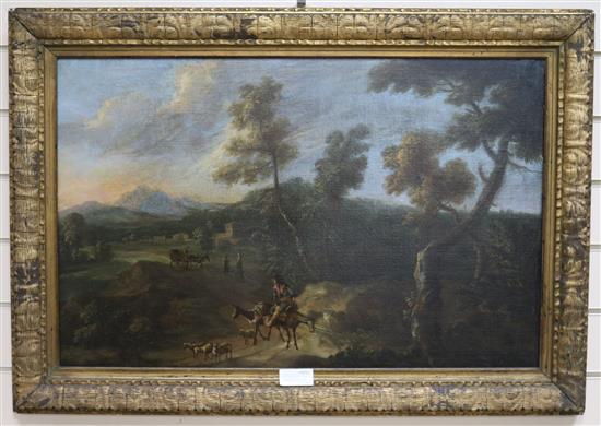 18th century Spanish School, oil on canvas, traveller with donkeys 47 x 73cm